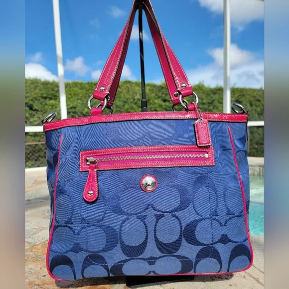 Coach Navy And Fuchia Laura Signature Monogram Jacquard Tote - Picture 3 of 16